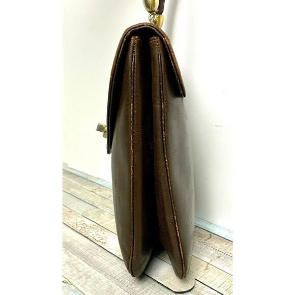 VINTAGE BROWN GENUINE LEATHER TURN LOCK FLAP TOP HANDLE HANDBAG PURSE - Picture 3 of 9